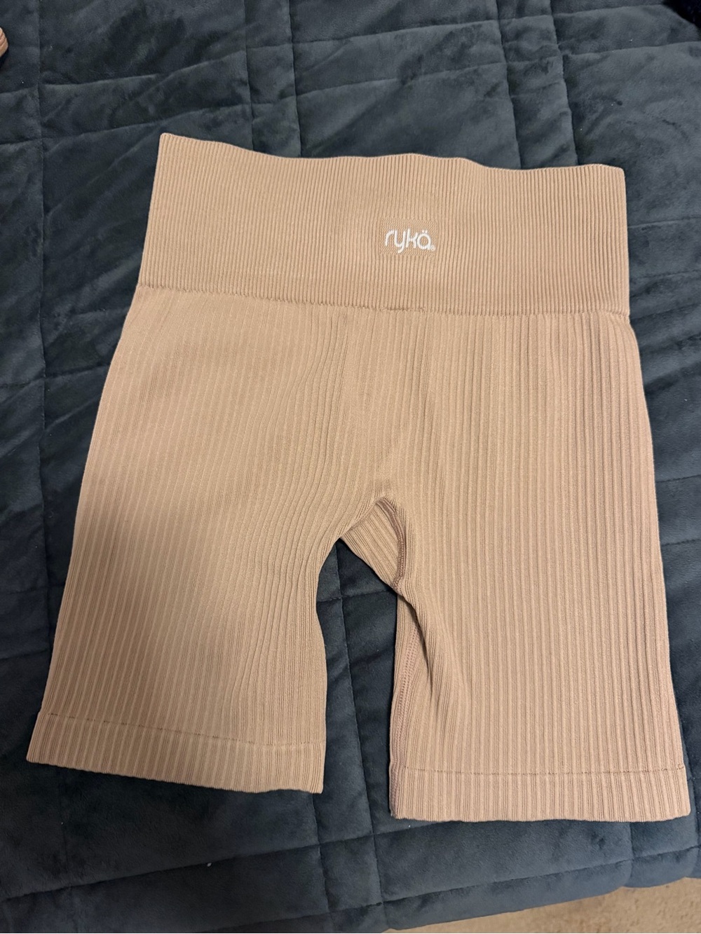 Ryka Ribbed High-Waist Bike Shorts — Warm Tan